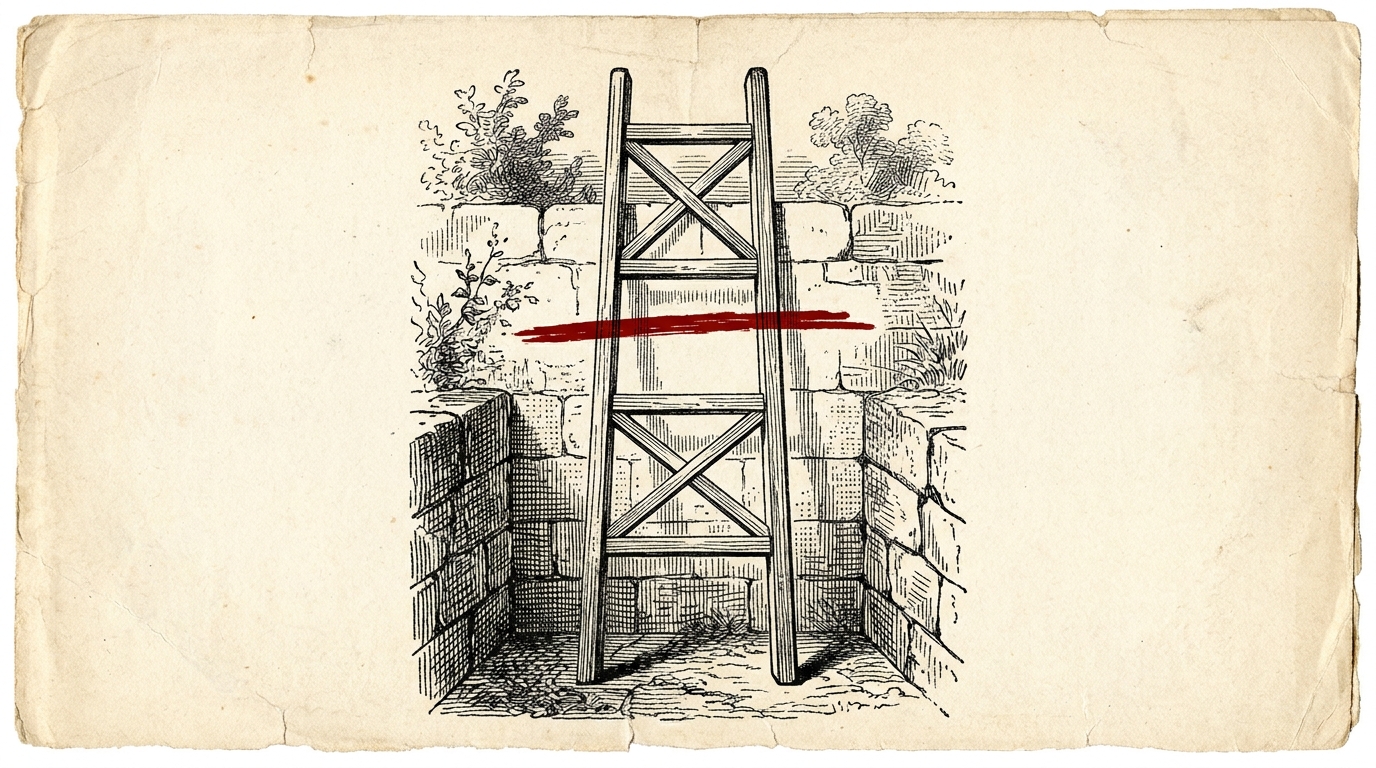 An ink-and-newsprint illustration of a four-rung ladder with a heavy line drawn between the third and fourth rungs.